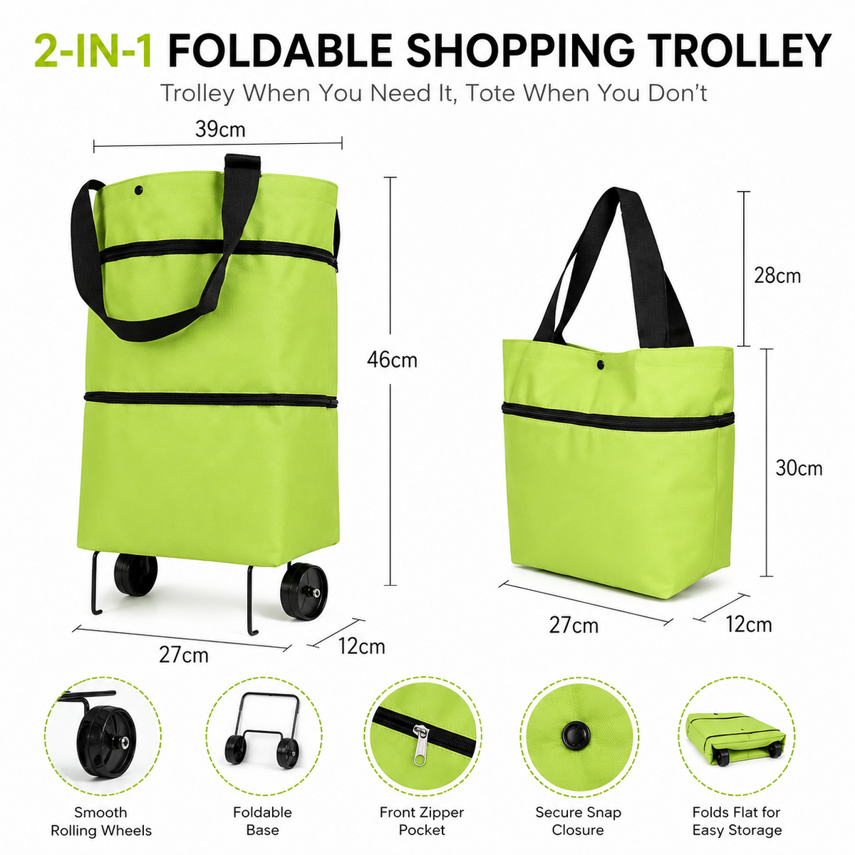2 in 1 Foldable Shopping Trolley Bag with Wheels