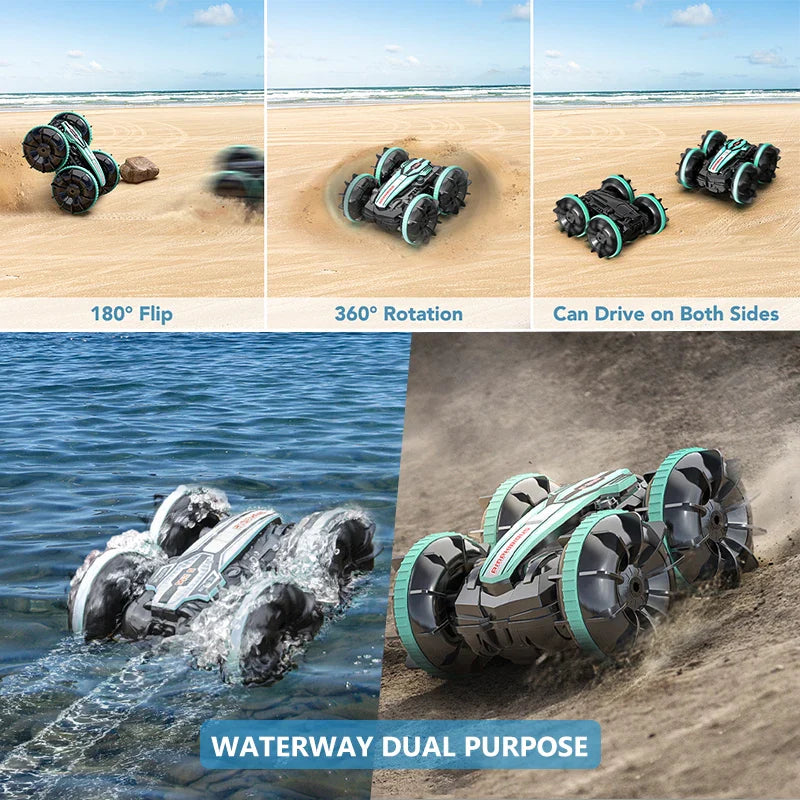 Remote Control Car 2.4G Rc Boat Waterproof Controlled Amphibious Stunt Car 4WD All Terrain Beach Pool Toys for Boys Girls Gift